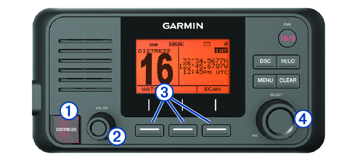 VHF 210 and 215 device front with callouts