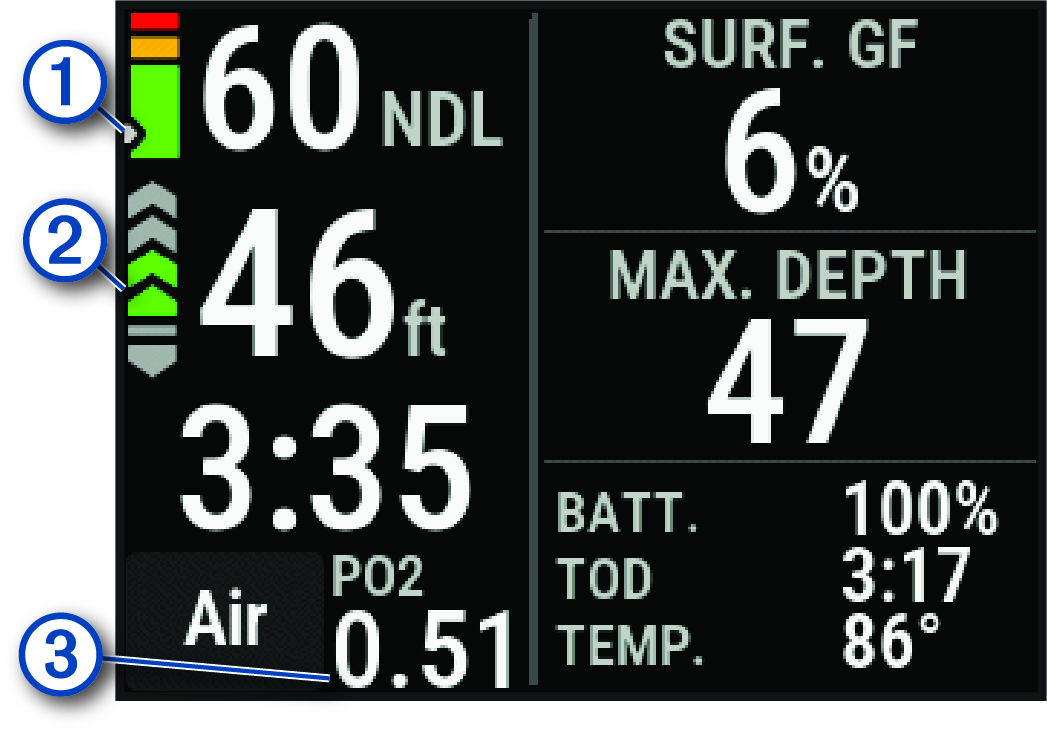 מסך נתוני צלילה עם שילוב גזים הכולל הסברים