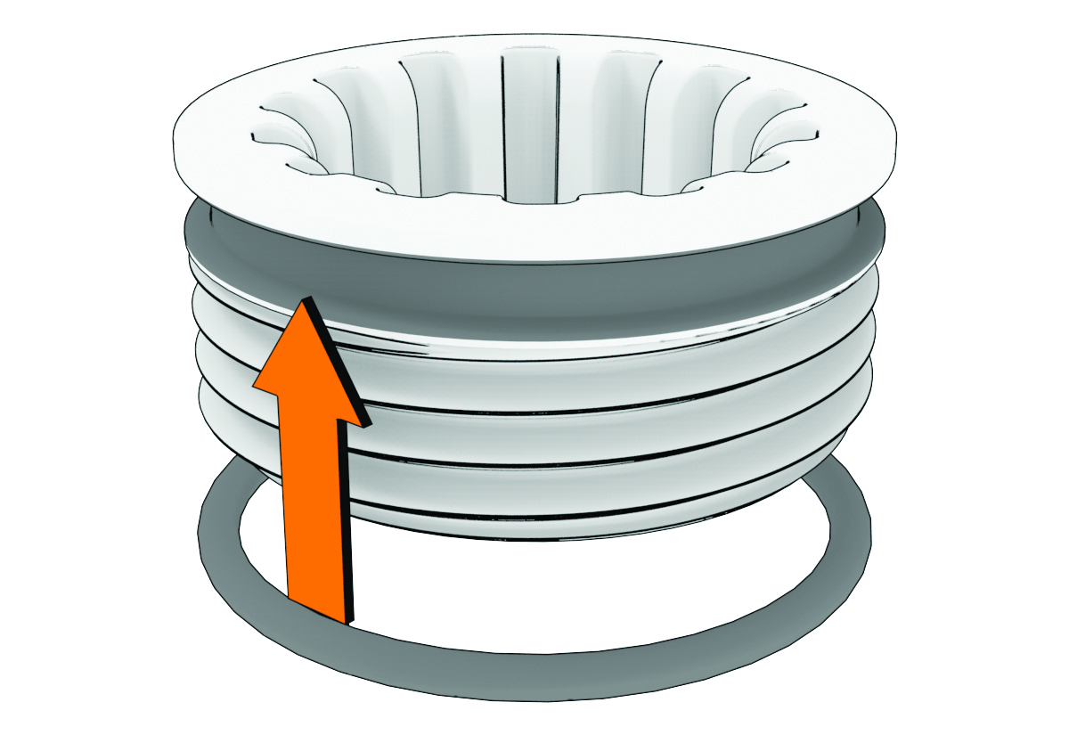 Udfoldet visning af montering af O-ringen på den forsænkede møtrik