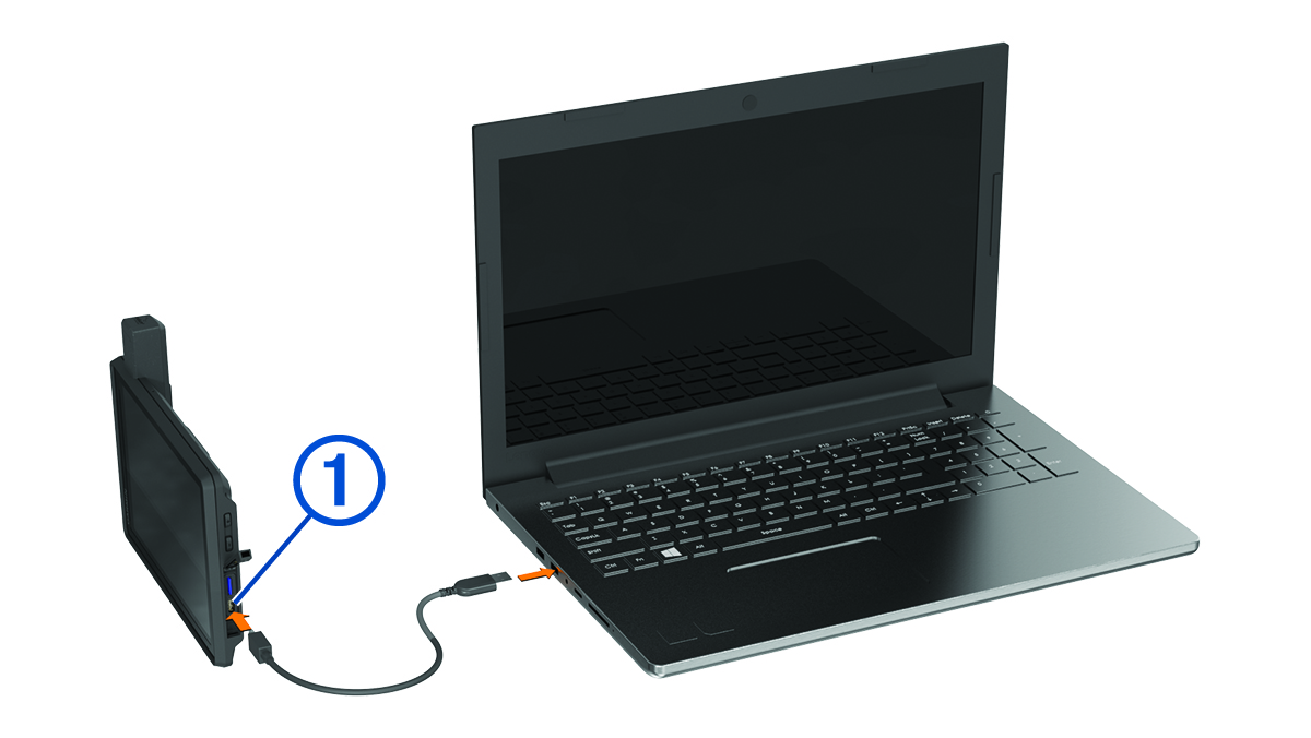 Device connected to a laptop with a USB cable and with a callout