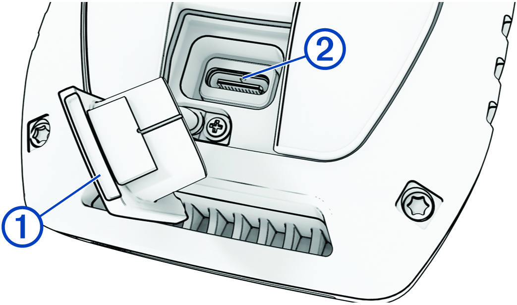 Parte posterior do dispositivo com USB e anotações da capa contra intempéries