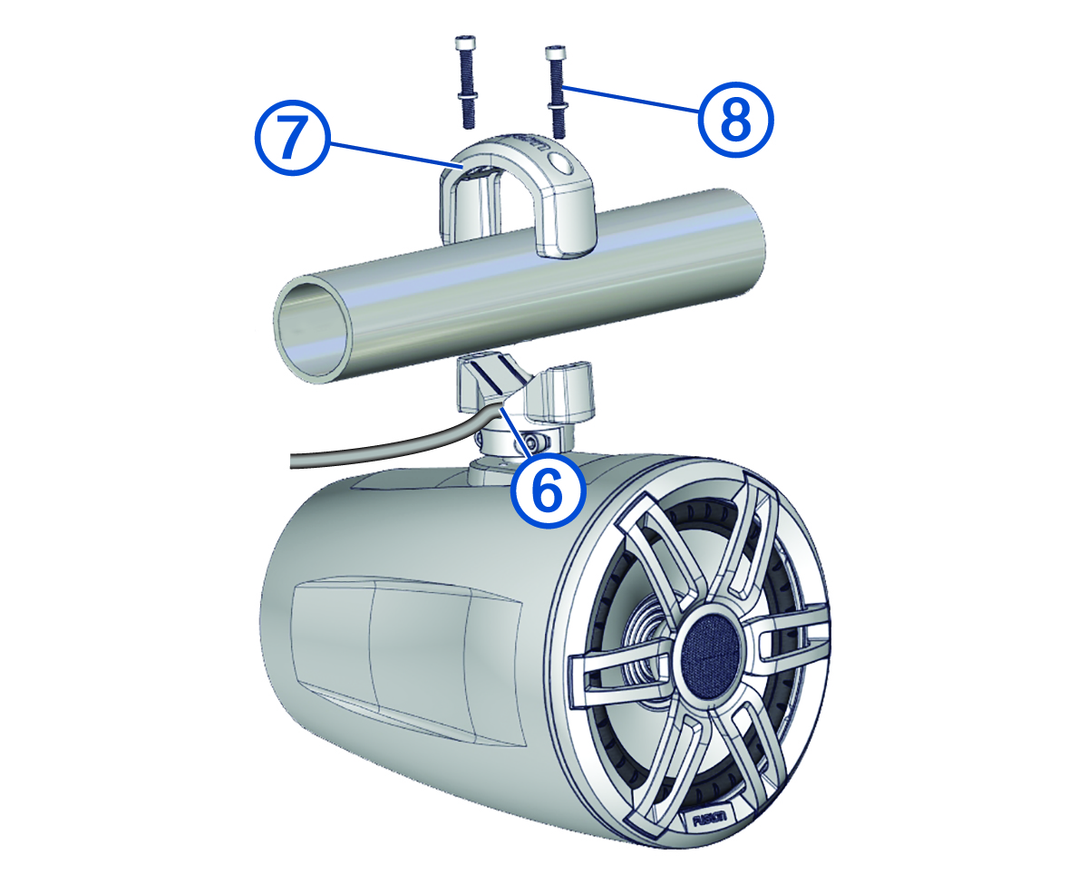 Instalación del altavoz con el soporte en una barra antivuelco con anotaciones