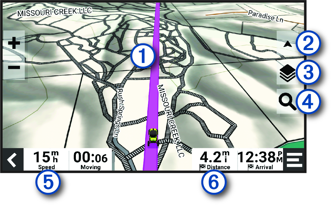 Aktivní přímá trasa na navigační mapě s popisky