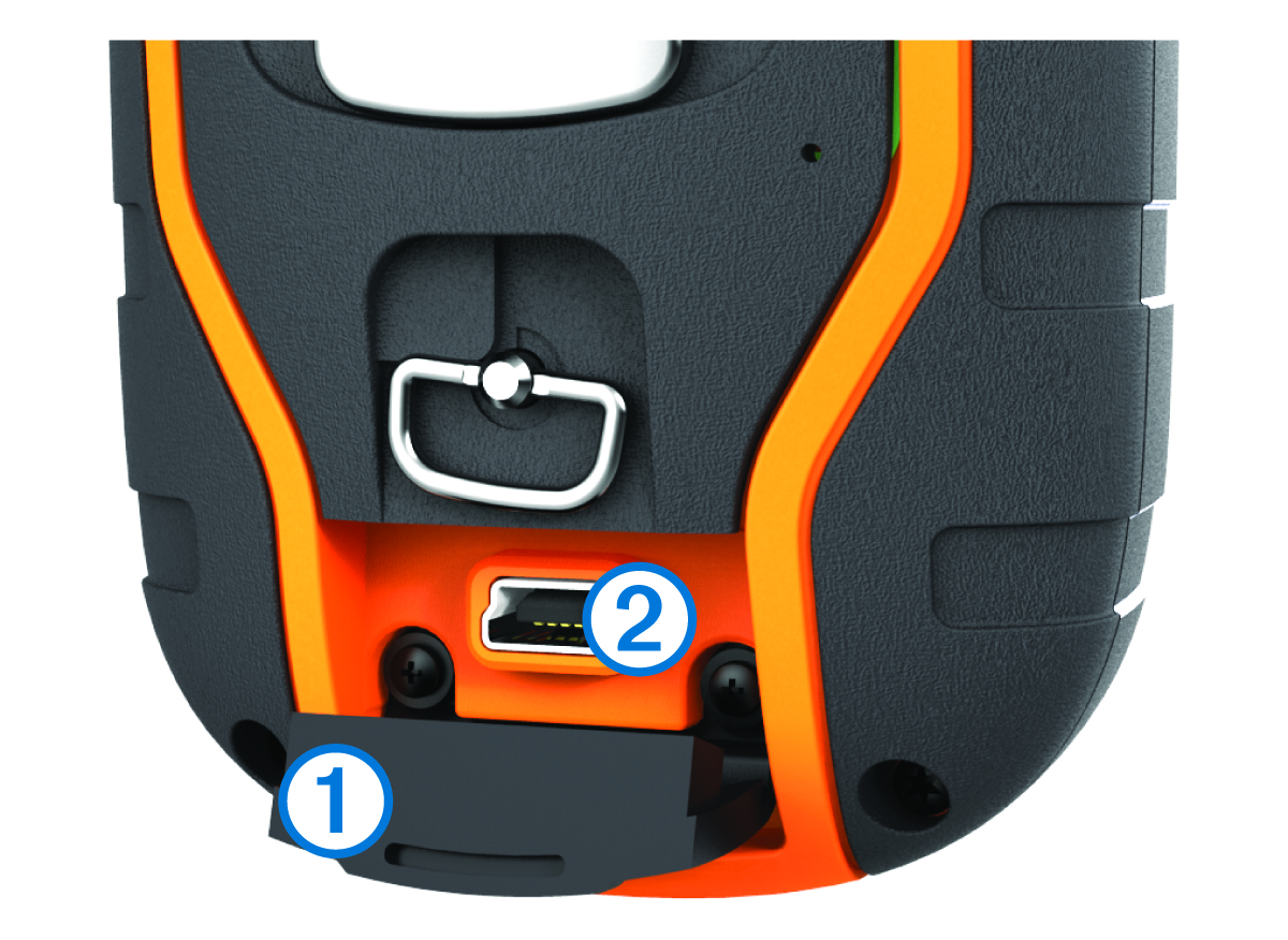 Close-up view of the charging port and weather cap with callouts