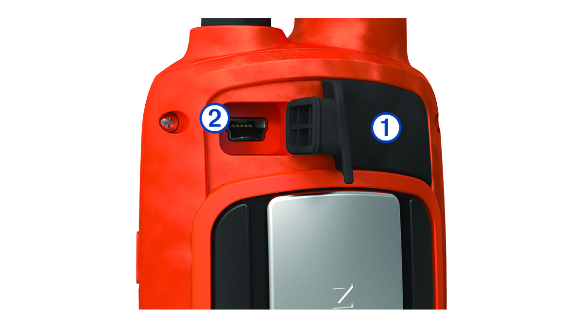 Close-up view of the charging port and weather cap with callouts