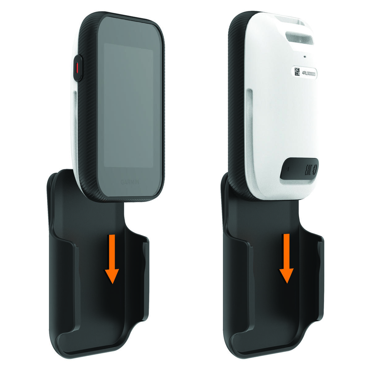 Front and back views of the device sliding into the clip