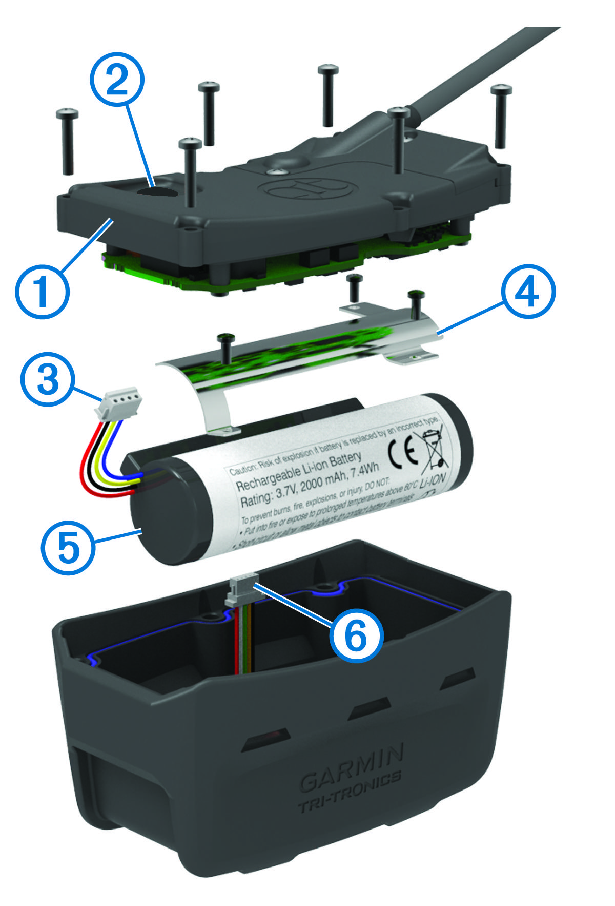 Diagram of the dog collar device battery being installed with callouts