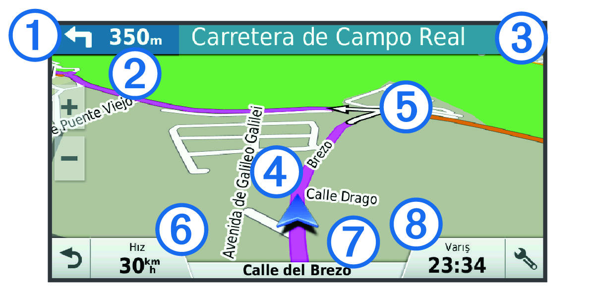 Active route on the navigation map with callouts