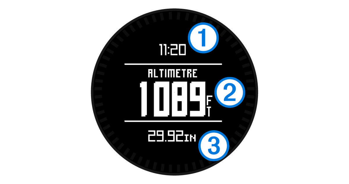 Page Altimètre en mode économie d'énergie avec légendes