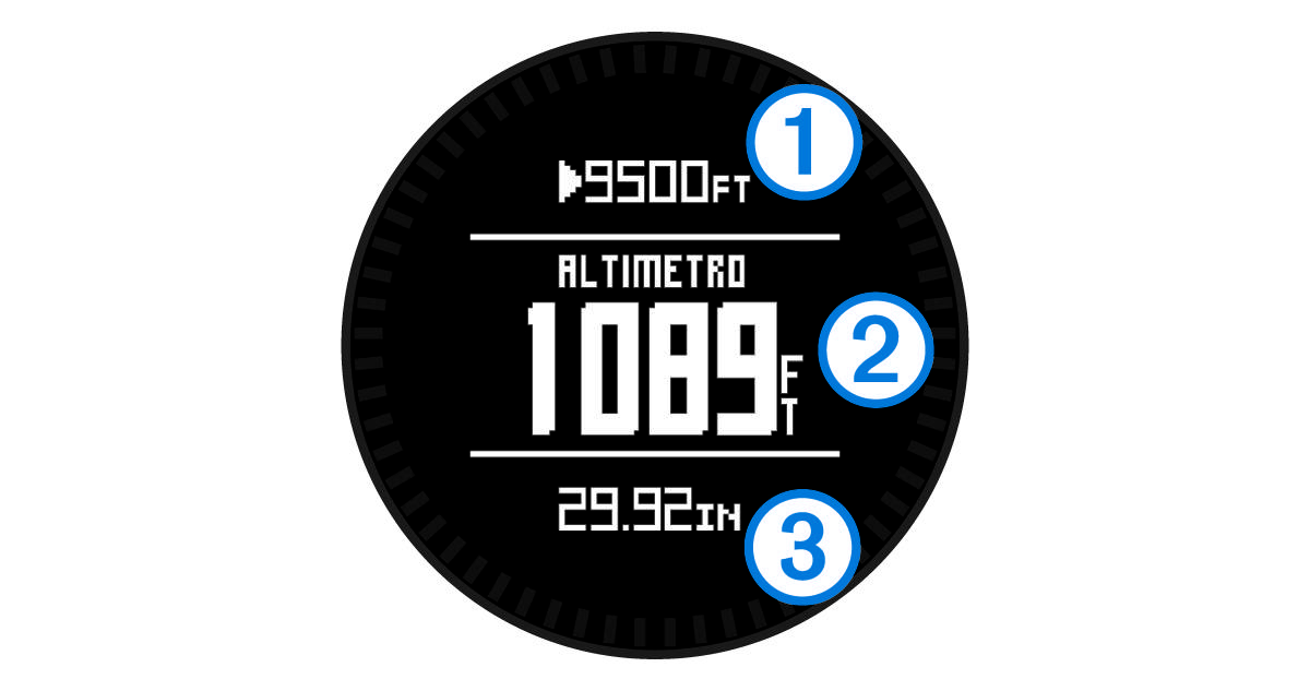 Pagina dell'altimetro in modalità di navigazione con annotazioni