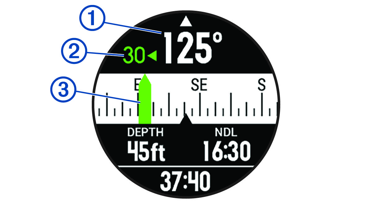Screenshot of the dive compass with callouts