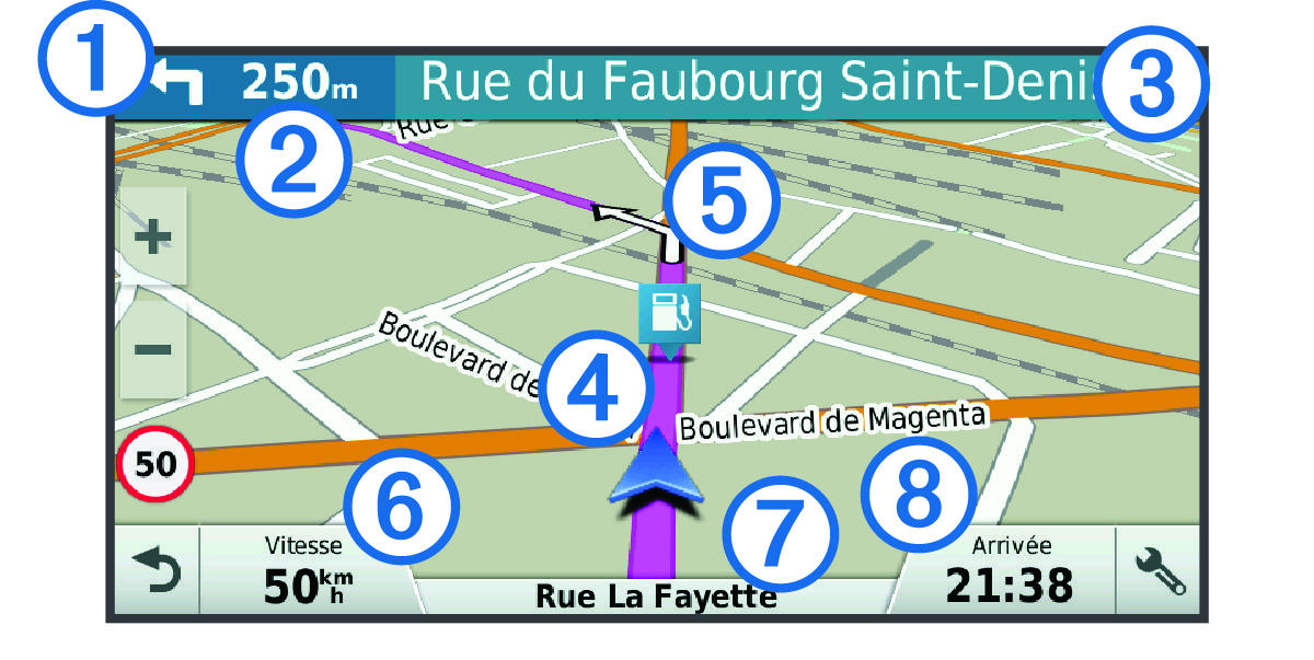 Active route on the navigation map with callouts
