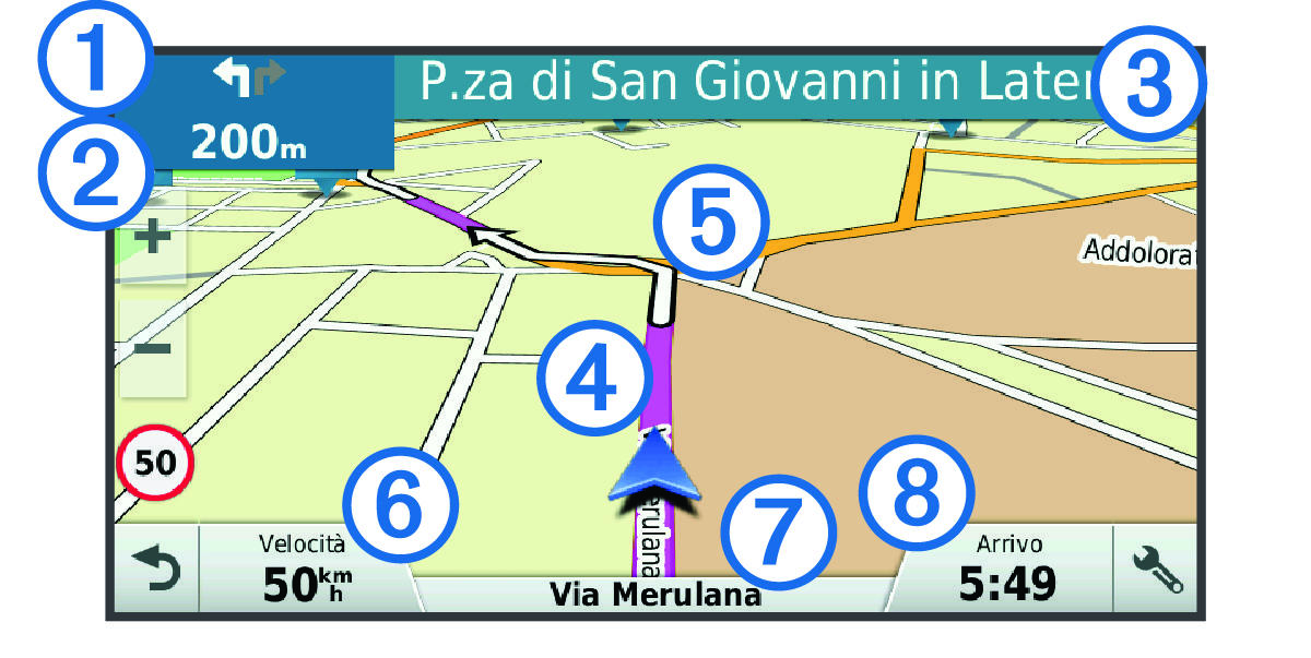 Active route on the navigation map with callouts