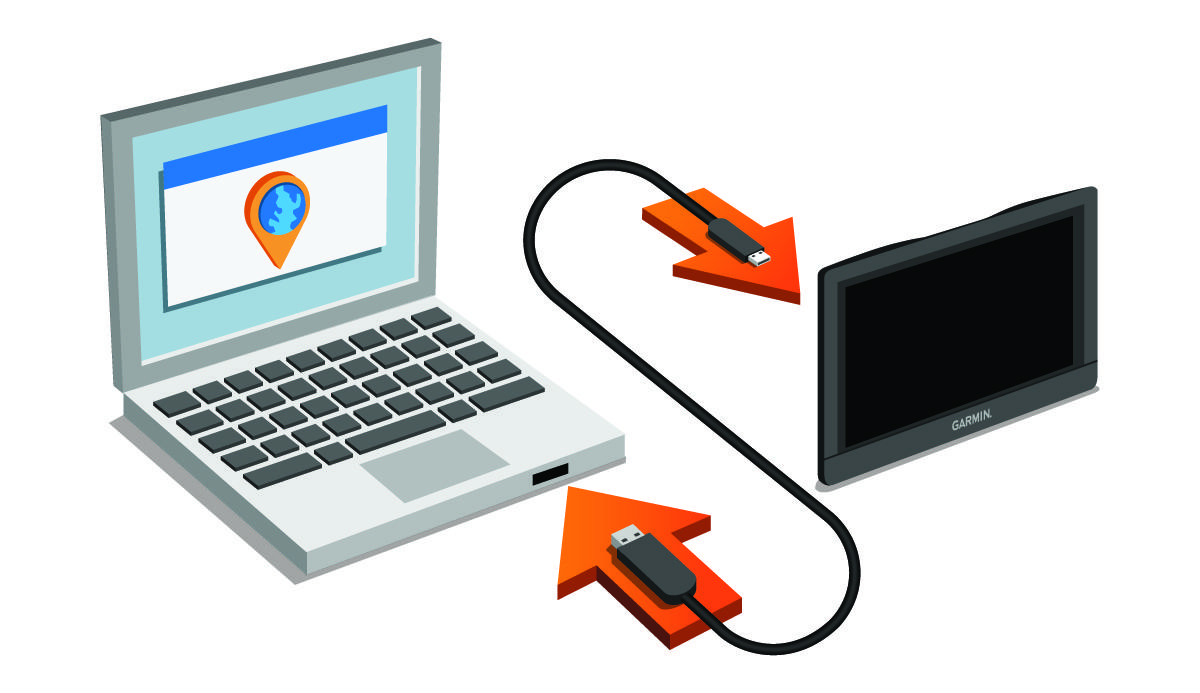 Laptop and device connected by USB with arrows