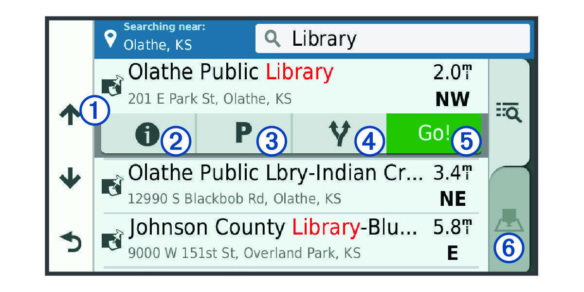 Location search results list with callouts