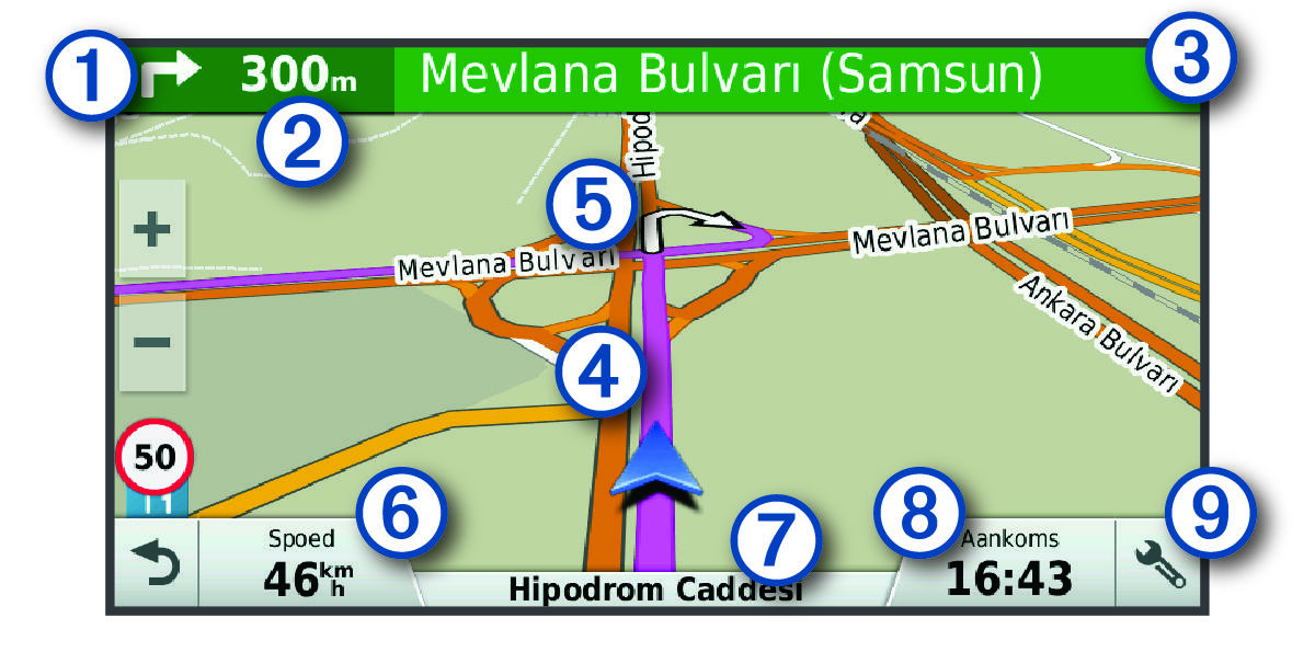 Active route on the navigation map with callouts