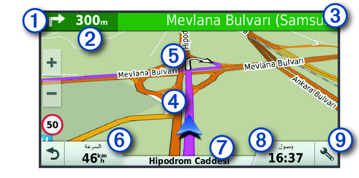 Active route on the navigation map with callouts