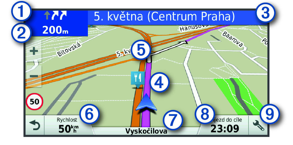 Active route on the navigation map with callouts