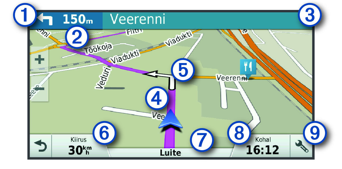 Active route on the navigation map with callouts