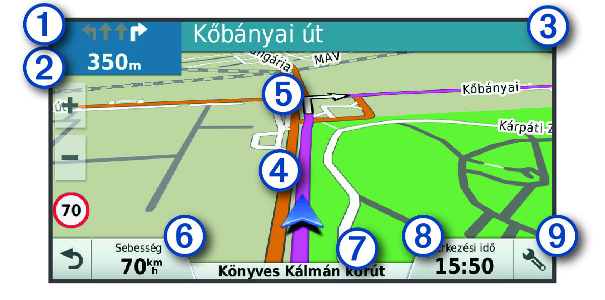 Active route on the navigation map with callouts