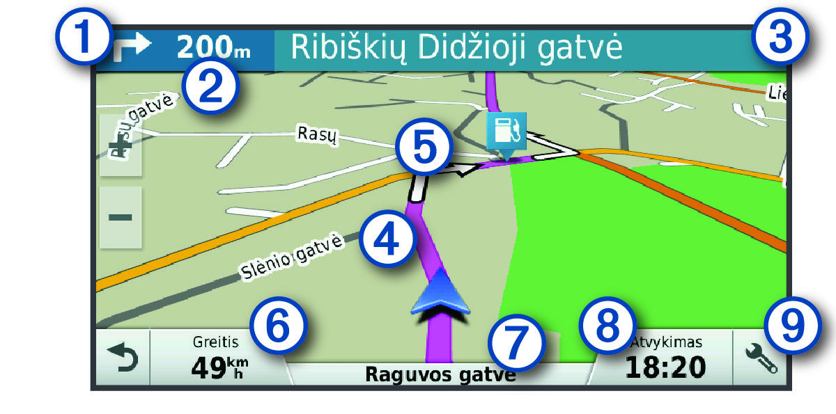 Active route on the navigation map with callouts