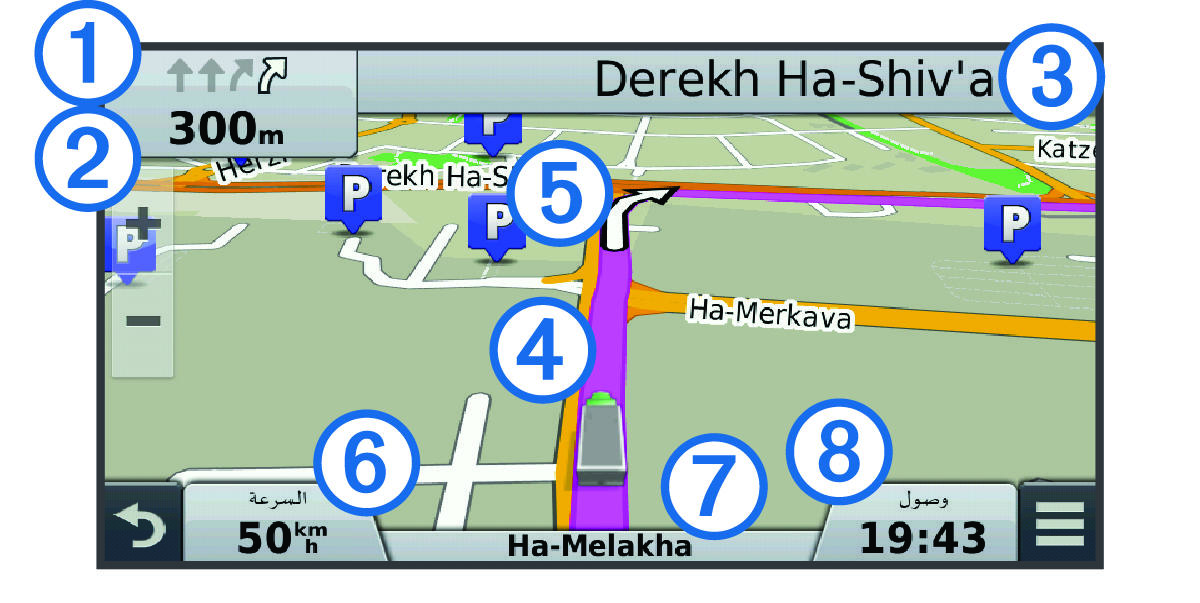 Active route on the navigation map with callouts