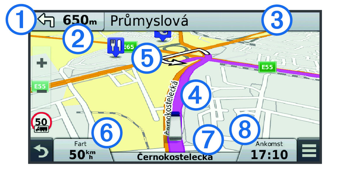Active route on the navigation map with callouts