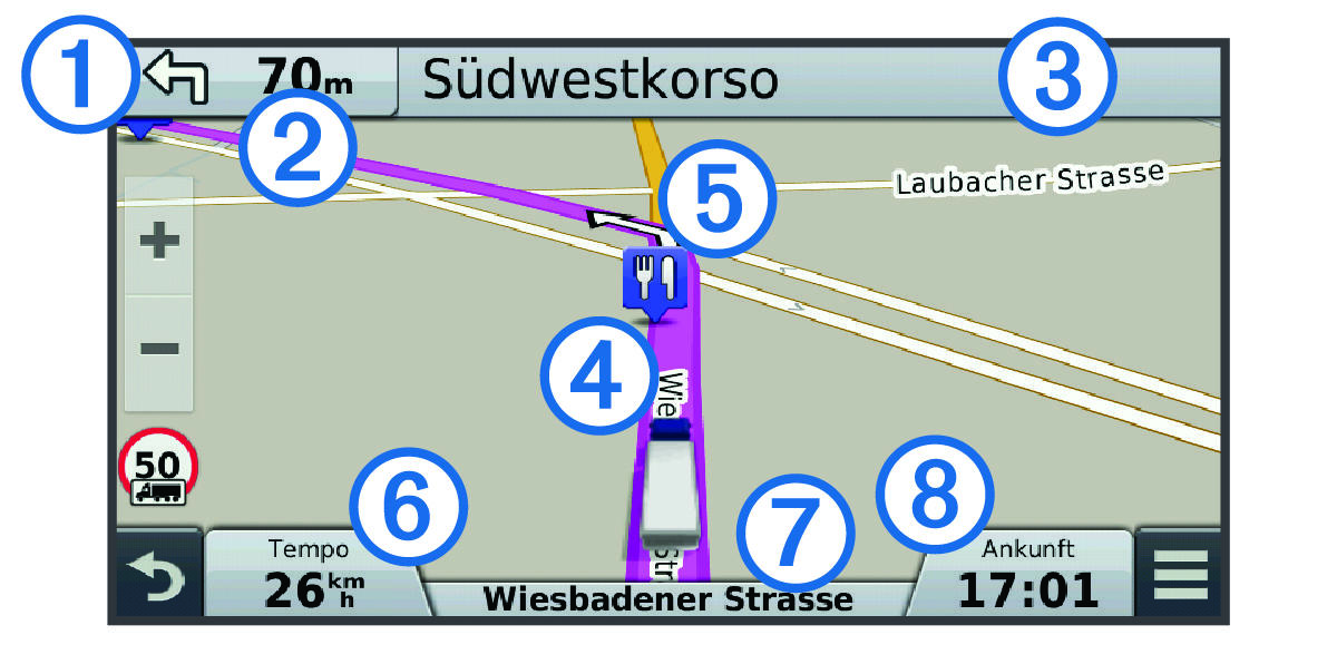 Active route on the navigation map with callouts