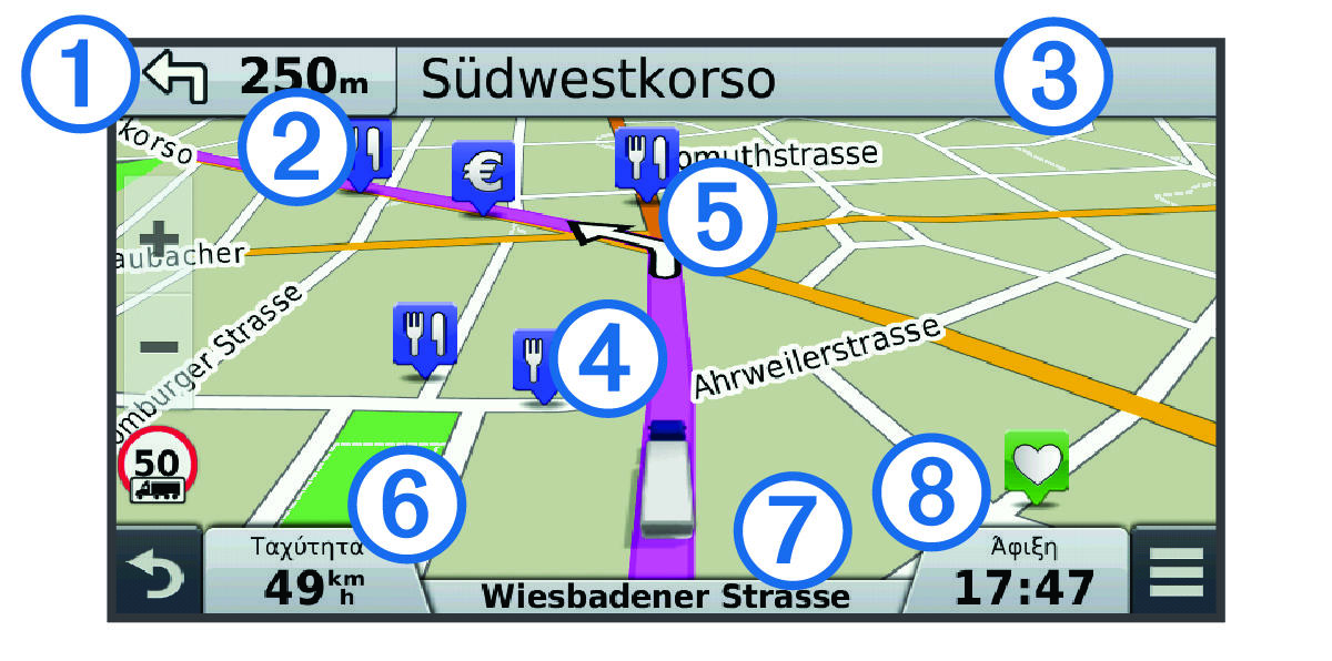 Active route on the navigation map with callouts