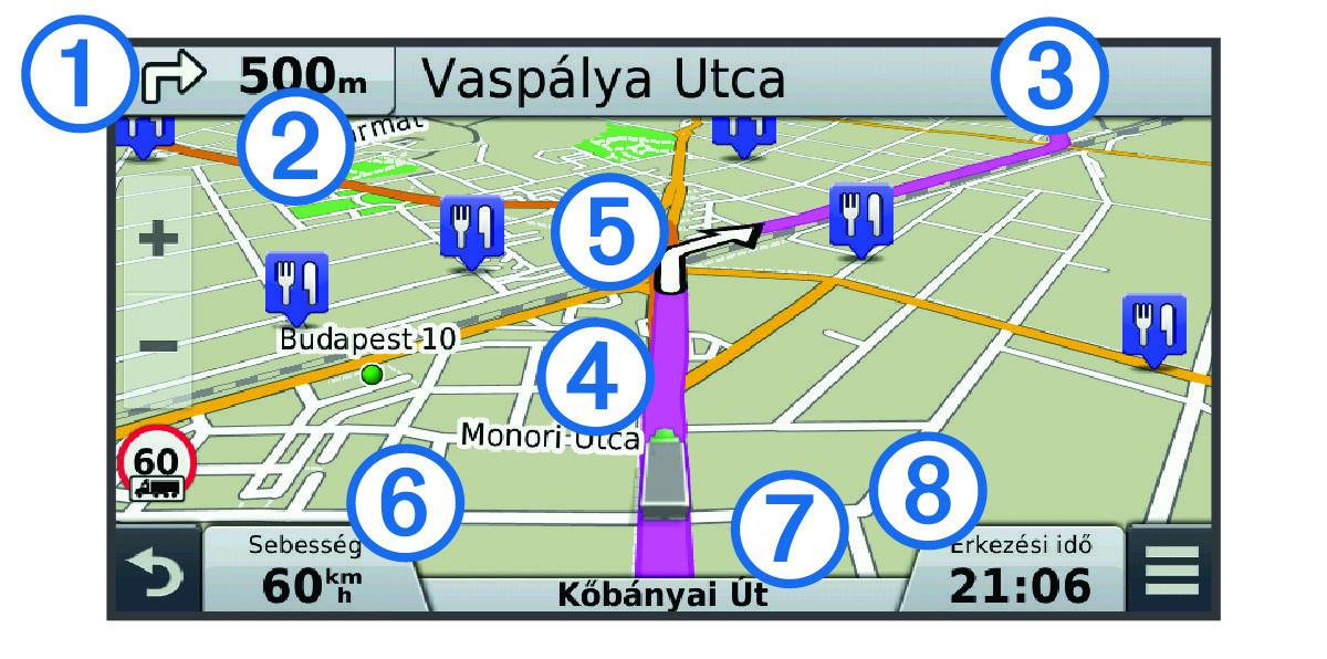Active route on the navigation map with callouts