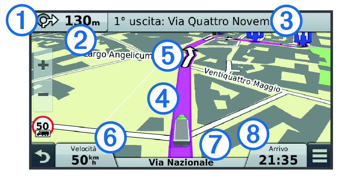 Active route on the navigation map with callouts