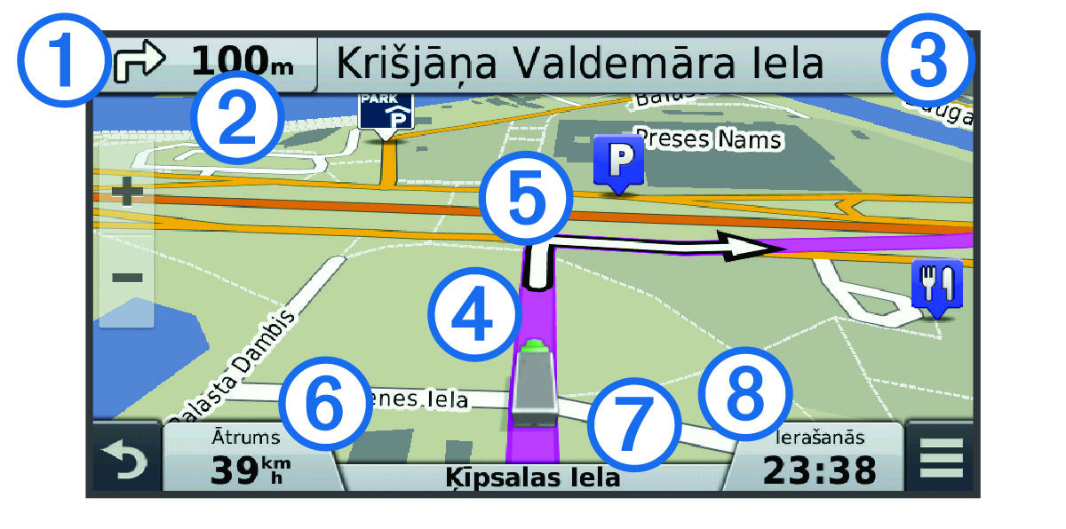 Active route on the navigation map with callouts