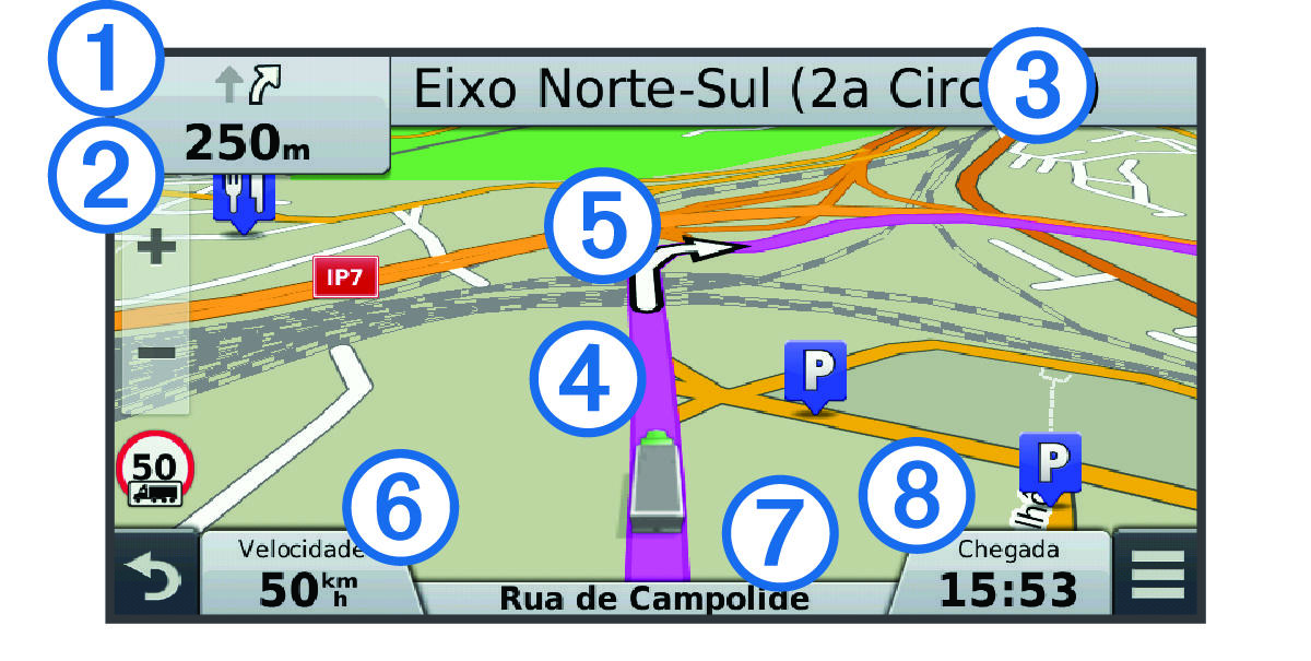 Active route on the navigation map with callouts