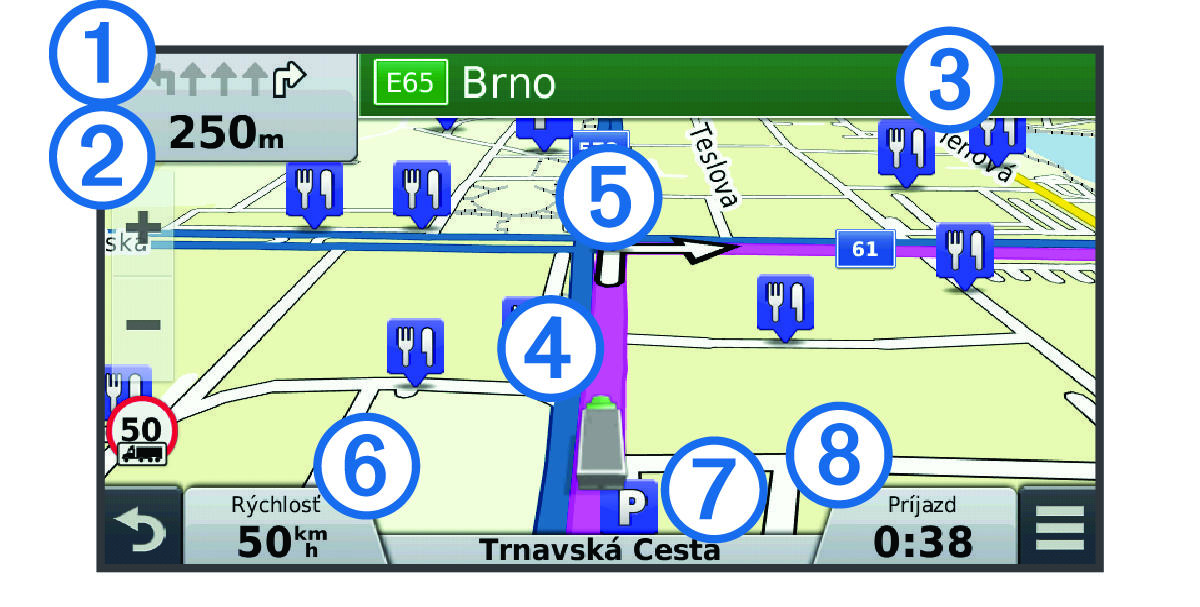 Active route on the navigation map with callouts