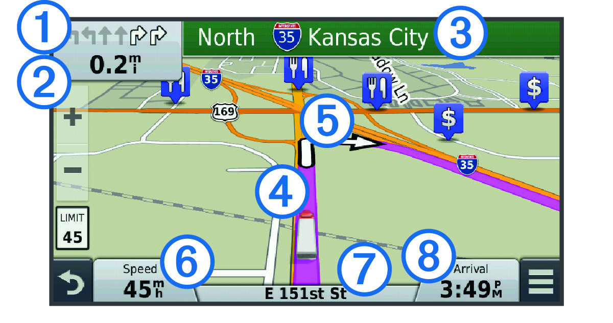Active route on the navigation map with callouts
