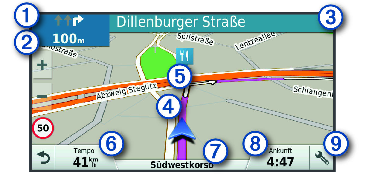 Active route on the navigation map with callouts
