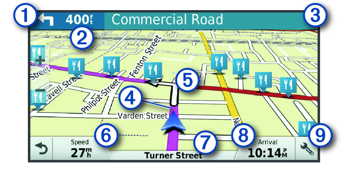Active route on the navigation map with callouts