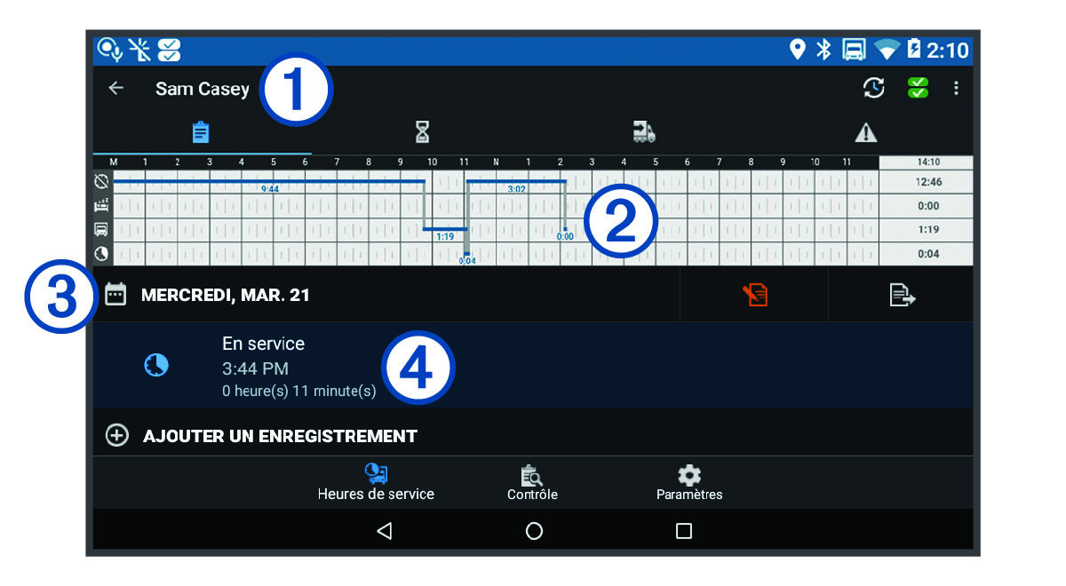 Garmin eLog app overview with callouts