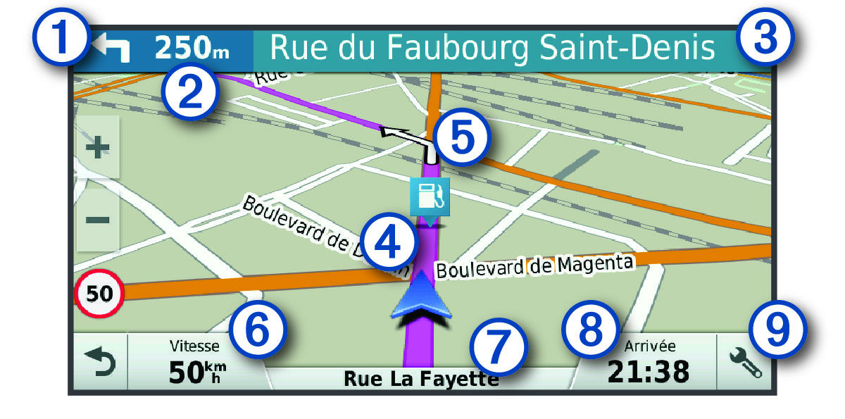 Active route on the navigation map with callouts