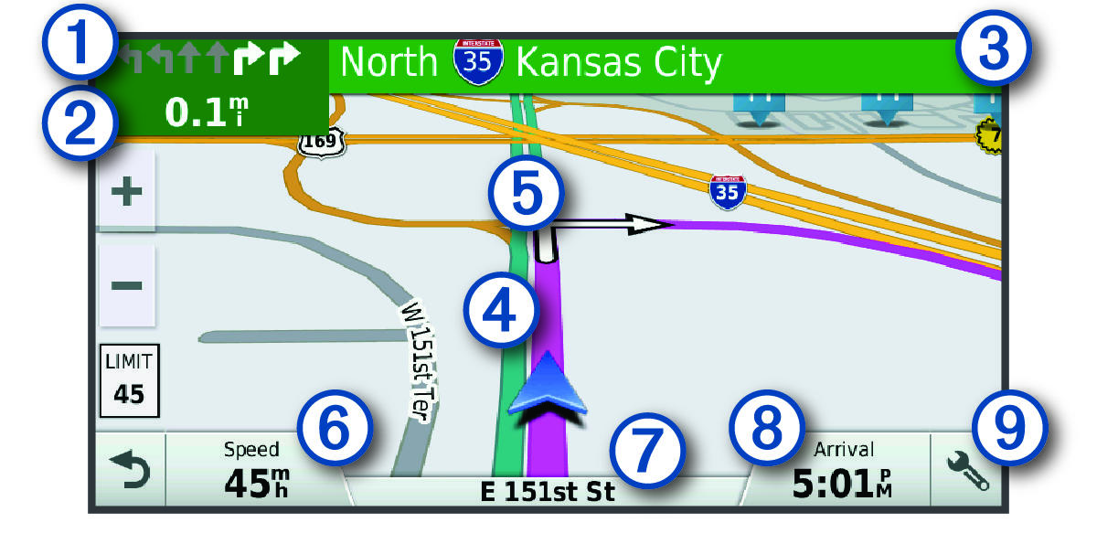 Active route on the navigation map with callouts