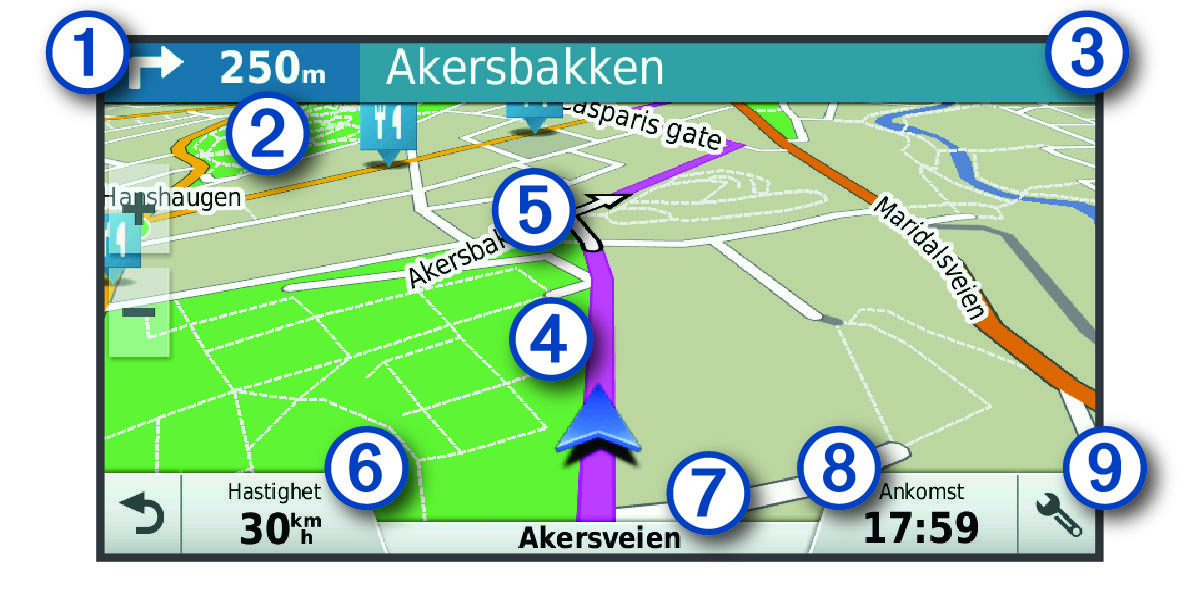 Active route on the navigation map with callouts