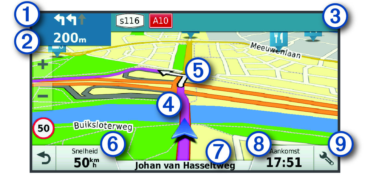 Active route on the navigation map with callouts