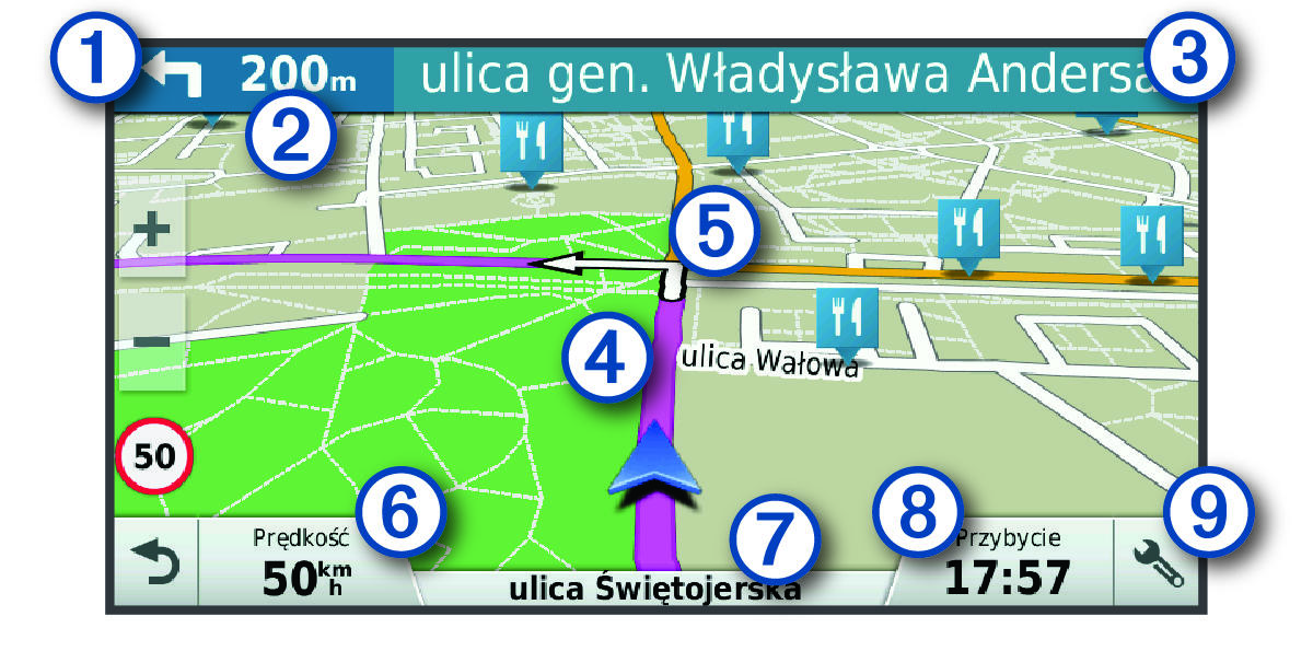 Active route on the navigation map with callouts