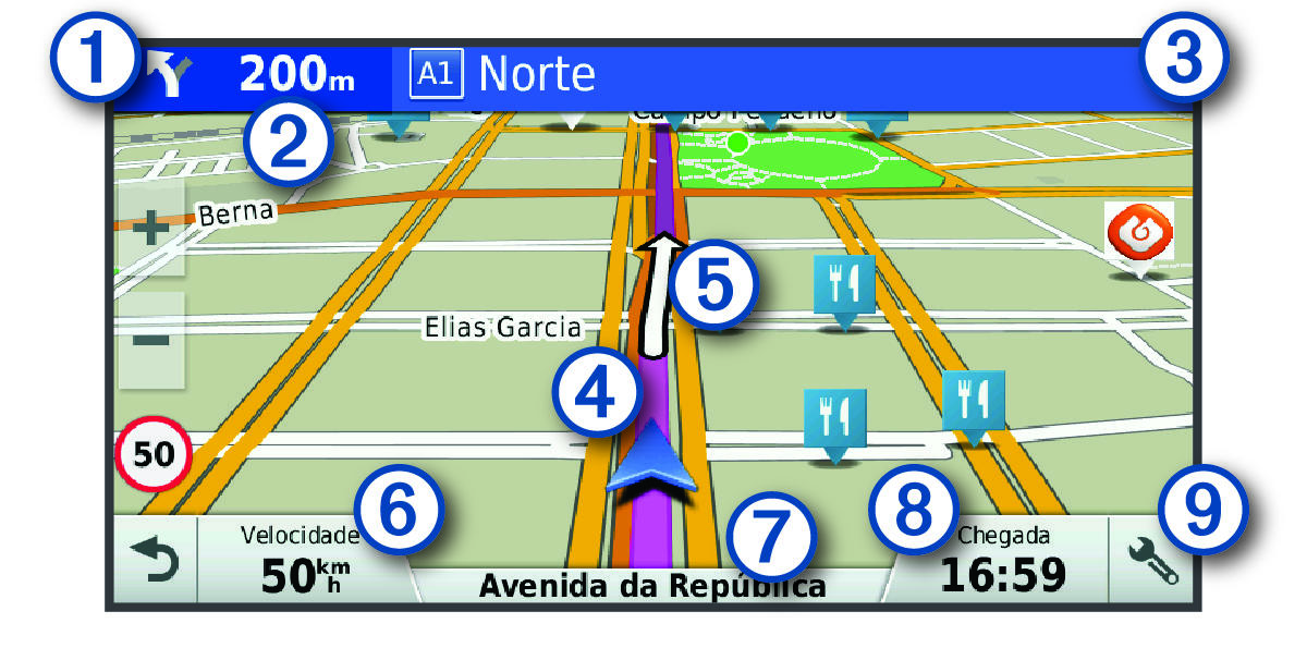 Active route on the navigation map with callouts