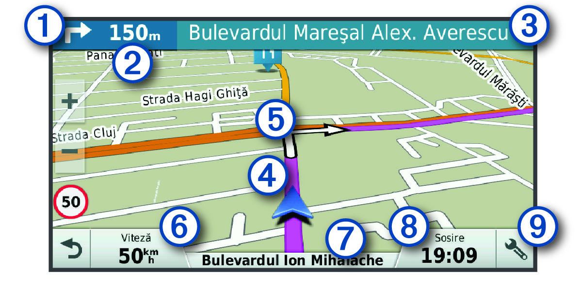 Active route on the navigation map with callouts