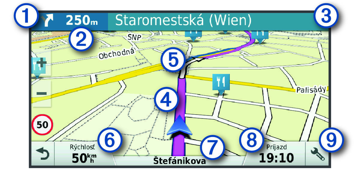 Active route on the navigation map with callouts