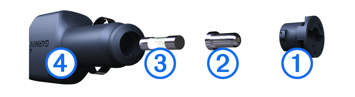 Exploded view of the power adapter and fuse with callouts