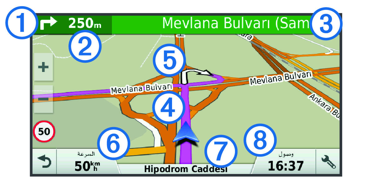 Active route on the navigation map with callouts.