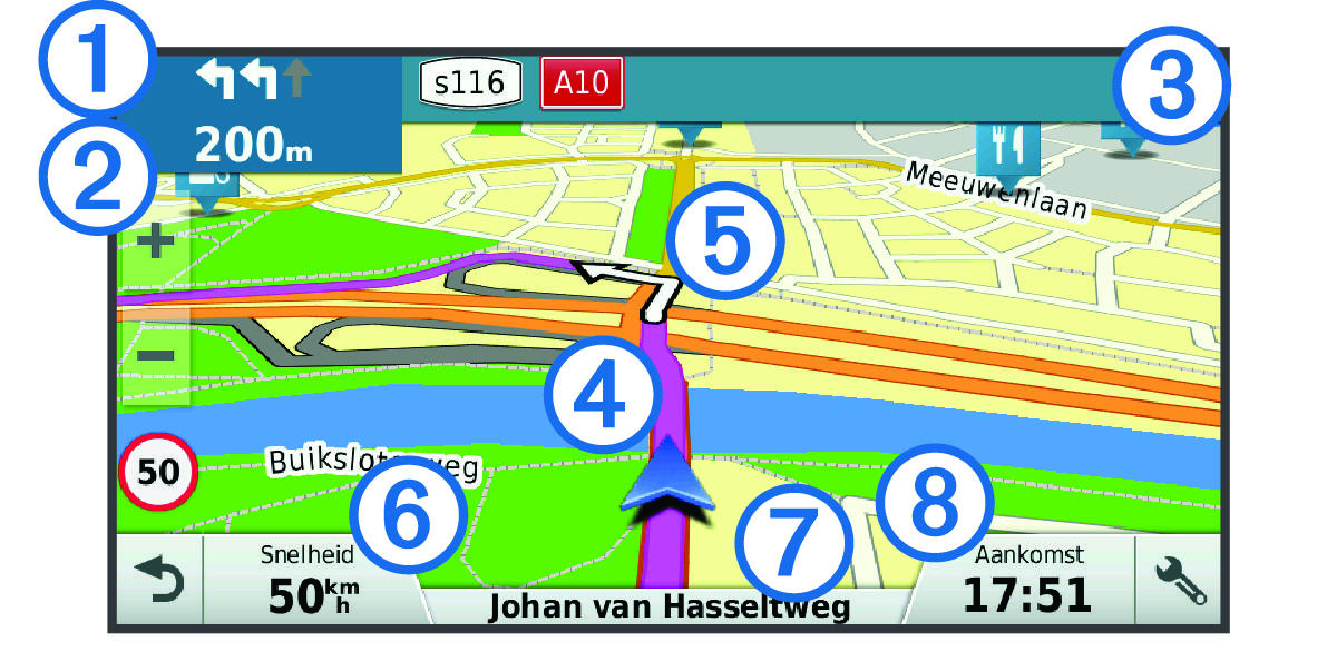 Active route on the navigation map with callouts.