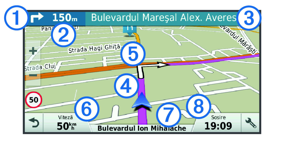 Active route on the navigation map with callouts.